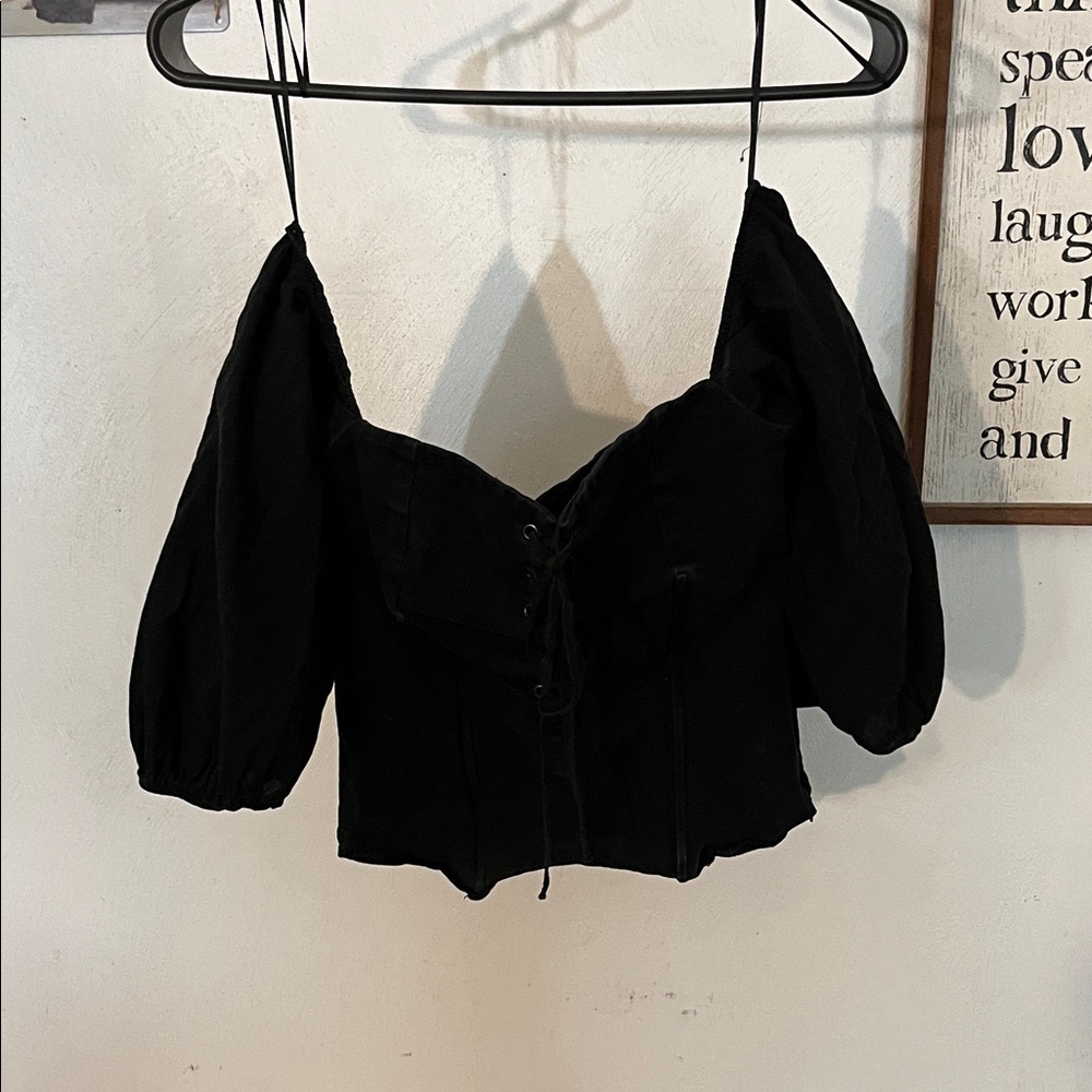 Zara Basic Black Off Shoulder Crop Top | Puff Sleeve | Size M